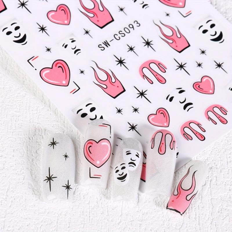Cartoon Style Nail Art Stickers Pink Love Flame Kitten Human Face