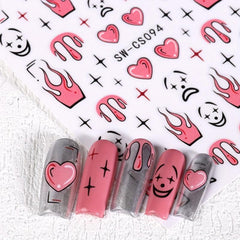 Cartoon Style Nail Art Stickers Pink Love Flame Kitten Human Face
