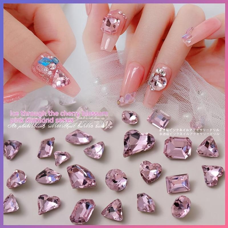 20 Pink Rhinestones for Nail Art and Crafts, Mixed Shapes with Pointed Backs