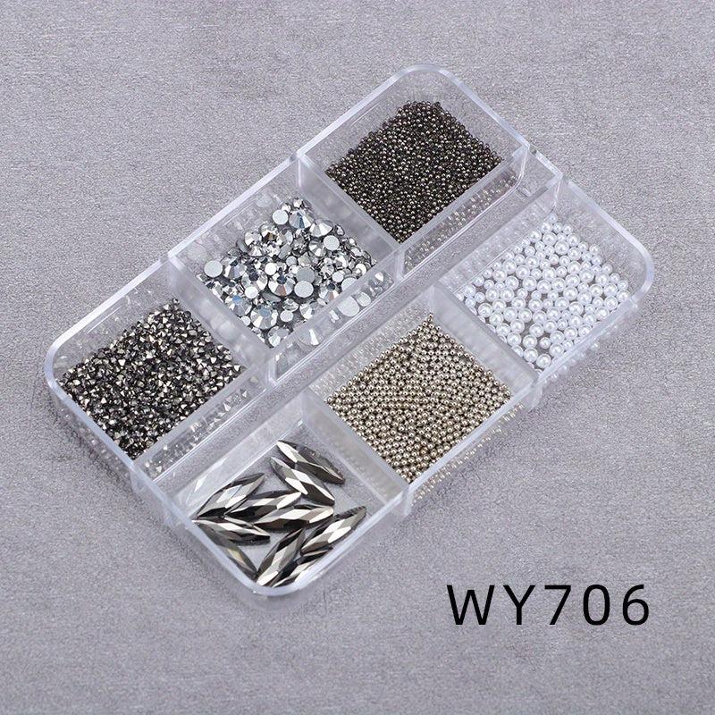 6 Grids Boxed Mixed Nail Art Charms Flash Crystal AB Glass Rhinestone Jewelry