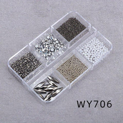 6 Grids Boxed Mixed Nail Art Charms Flash Crystal AB Glass Rhinestone Jewelry