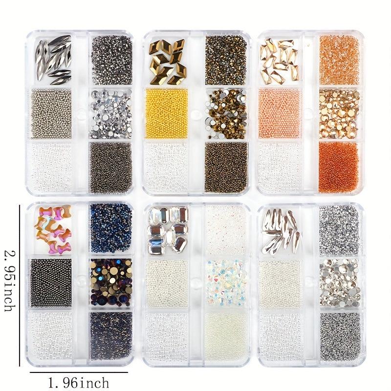 6 Grids Boxed Mixed Nail Art Charms Flash Crystal AB Glass Rhinestone Jewelry
