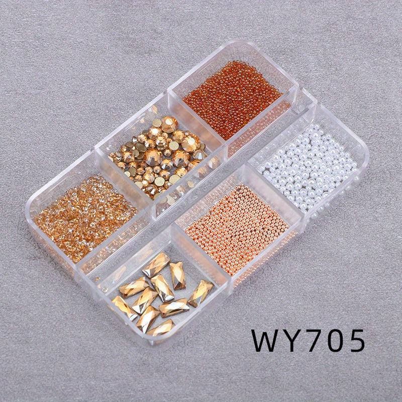 6 Grids Boxed Mixed Nail Art Charms Flash Crystal AB Glass Rhinestone Jewelry