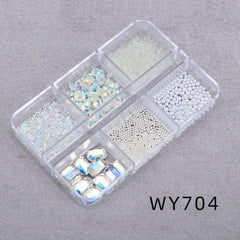6 Grids Boxed Mixed Nail Art Charms Flash Crystal AB Glass Rhinestone Jewelry