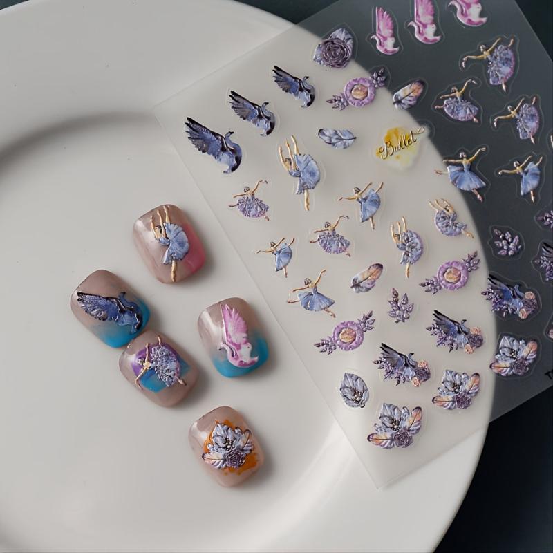 5D Embossed Dancing Girl Bird Plant Nail Stickers Nail Decal