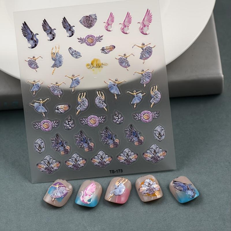 5D Embossed Dancing Girl Bird Plant Nail Stickers Nail Decal