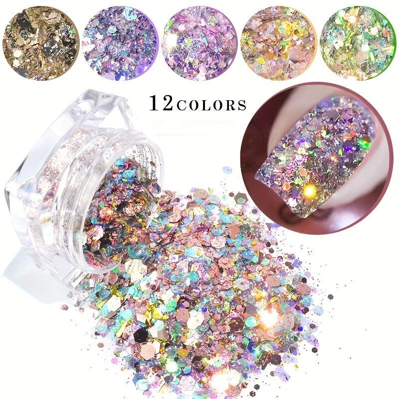 Holographic Nail Glitter Sequins Fluorescent 3D Sparkly Nail Art Stickers