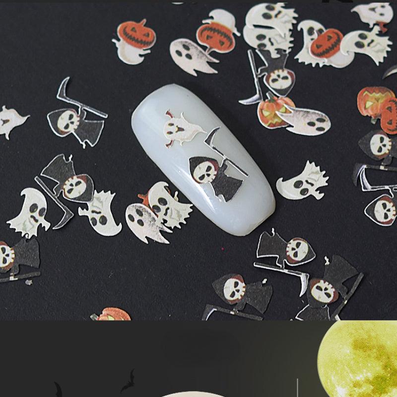 12pcs Halloween Nail Sequins Sticker Grim Reaper Ghost Pumpkin Skull Nail Flakes