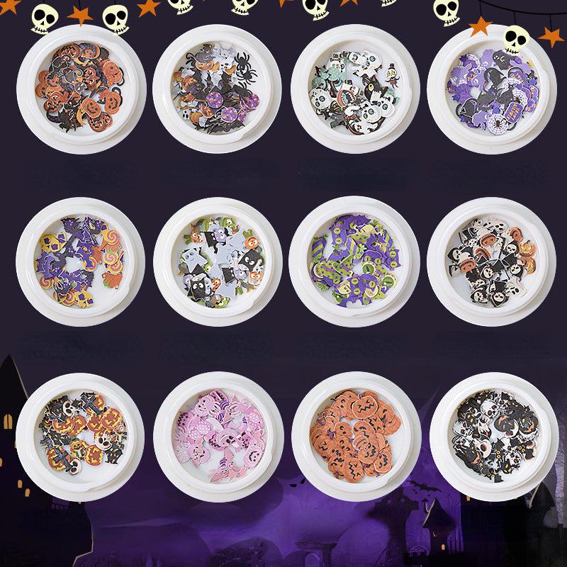 12pcs Halloween Nail Sequins Sticker Grim Reaper Ghost Pumpkin Skull Nail Flakes
