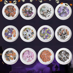 12pcs Halloween Nail Sequins Sticker Grim Reaper Ghost Pumpkin Skull Nail Flakes