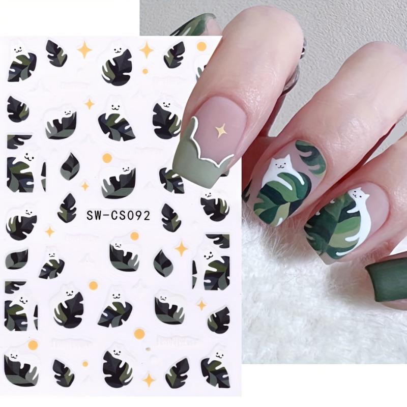 Cat & Leaf Nail Sticker Summer Spring Flowers Nail Decor