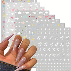 8 Sheets 3D Self Adhesive Nail Stickers Star Cloud Heart Decals for DIY or Salon