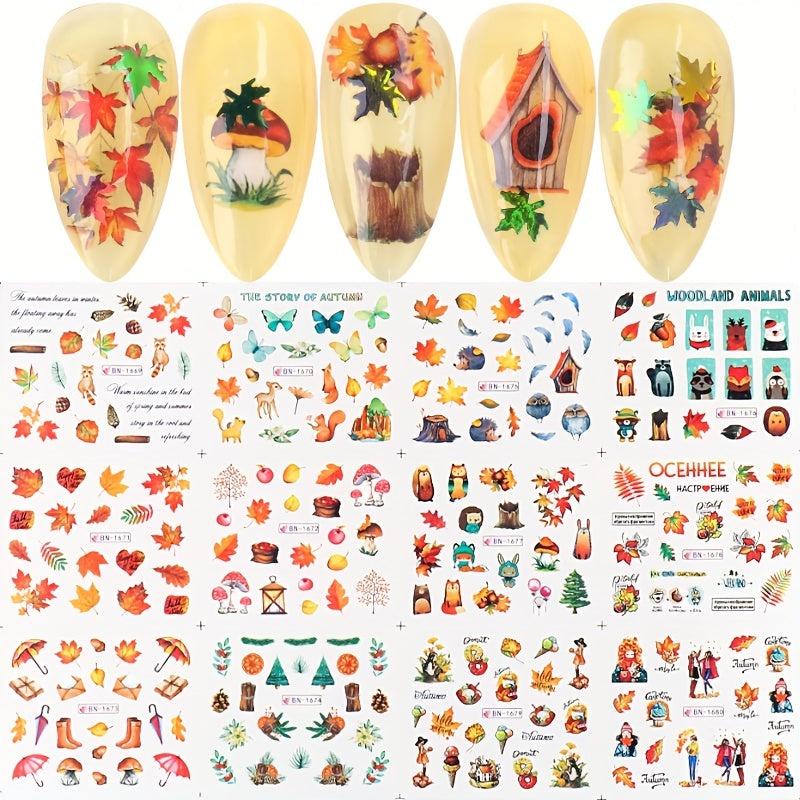 36pcs Maple Leaf Mushroom Fox Nail Transfer Stickers for Fall and Winter