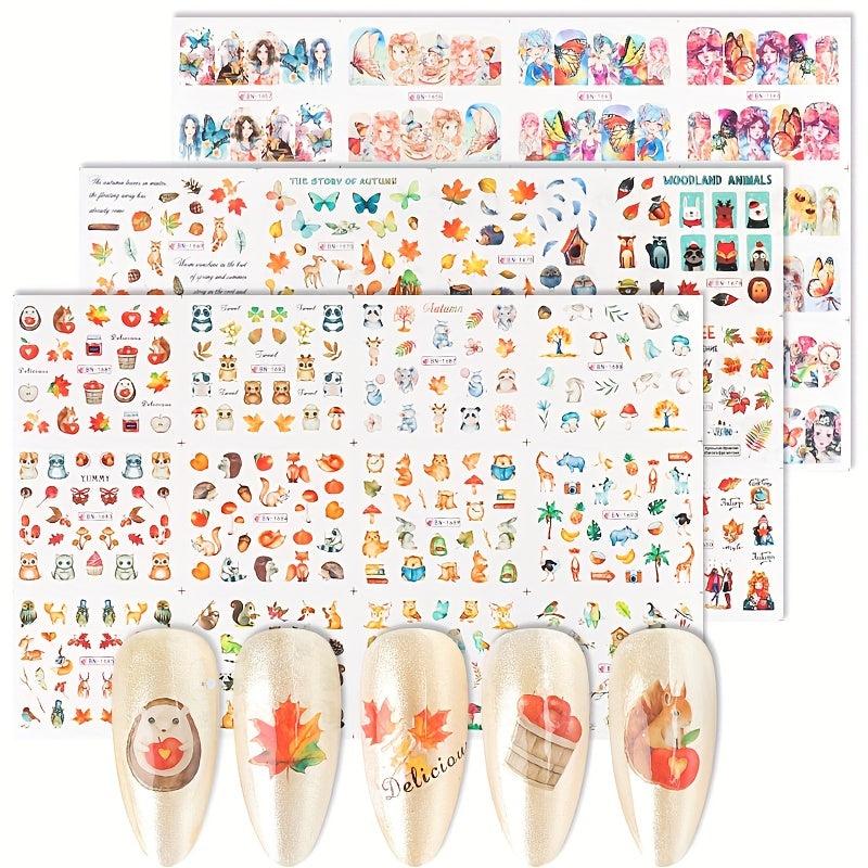 36pcs Maple Leaf Mushroom Fox Nail Transfer Stickers for Fall and Winter