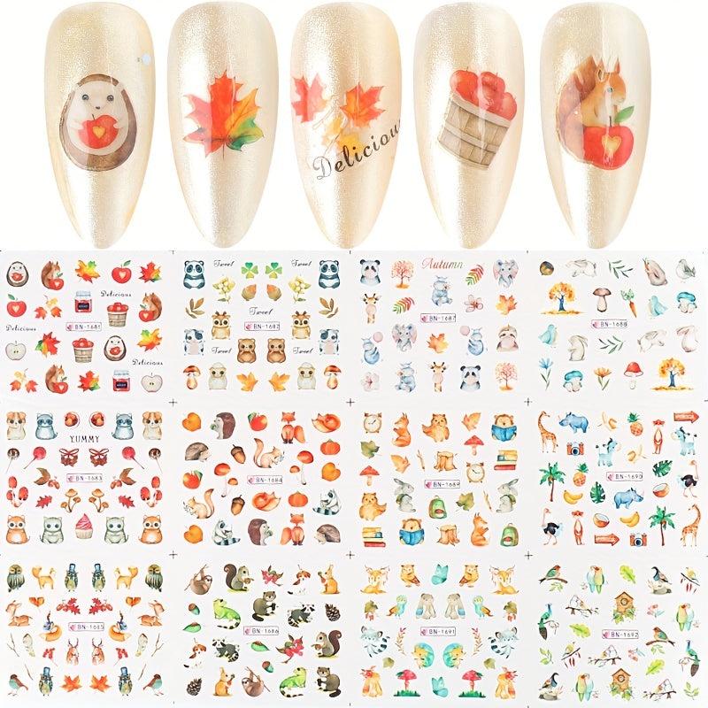 36pcs Maple Leaf Mushroom Fox Nail Transfer Stickers for Fall and Winter
