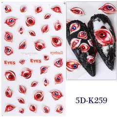 5D Embossed Halloween Nail Art Stickers - Red Devil's Eye Spider Web Nail Decals