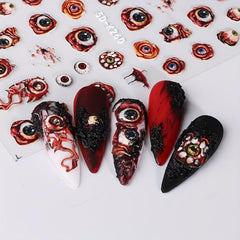 5D Embossed Halloween Nail Art Stickers - Red Devil's Eye Spider Web Nail Decals