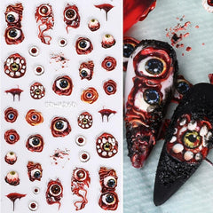 5D Embossed Halloween Nail Art Stickers - Red Devil's Eye Spider Web Nail Decals