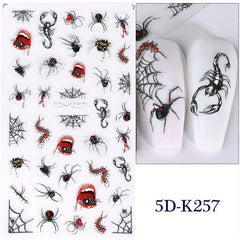 5D Embossed Halloween Nail Art Stickers - Red Devil's Eye Spider Web Nail Decals