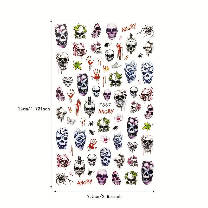3D Skull Nail Stickers Decals Self Adhesive Bow Nail Decals