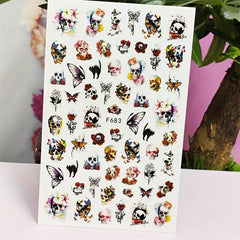 3D Skull Nail Stickers Decals Self Adhesive Bow Nail Decals