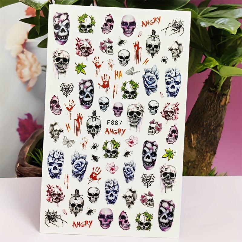 3D Skull Nail Stickers Decals Self Adhesive Bow Nail Decals