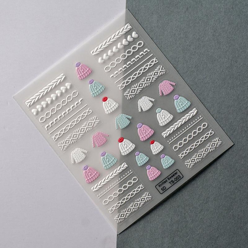 Winter Knit Sweater 5D Nails Decal Engraved Embossed Nail Art Adhesive Decals