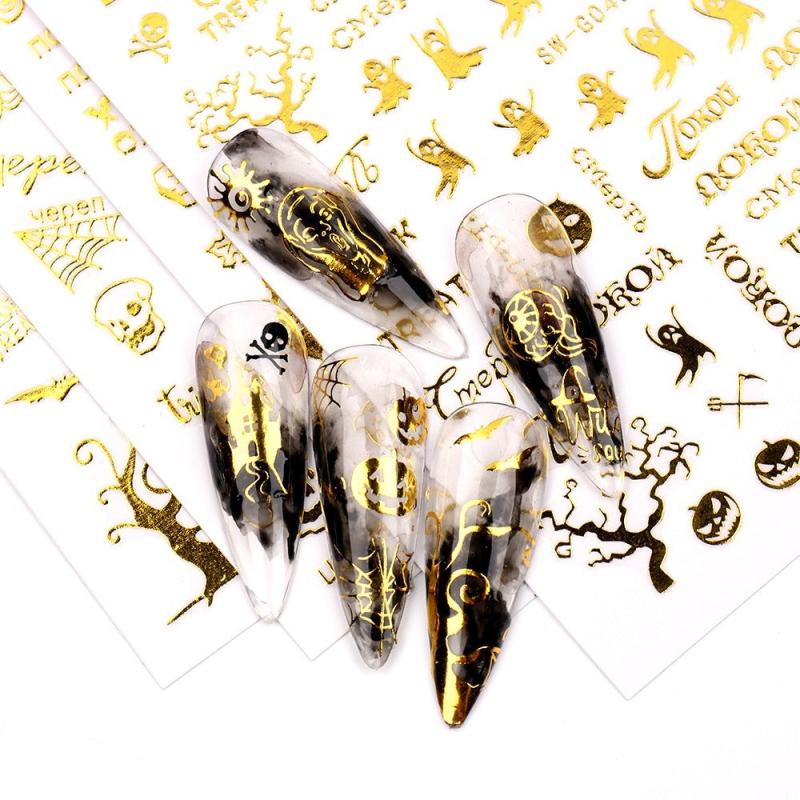 Halloween Nail Art Stickers Golden Skull Pumpkin Bat Spider Decals