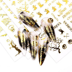 Halloween Nail Art Stickers Golden Skull Pumpkin Bat Spider Decals