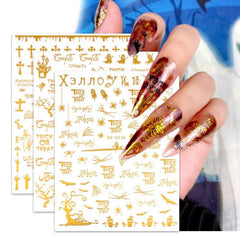 Halloween Nail Art Stickers Golden Skull Pumpkin Bat Spider Decals