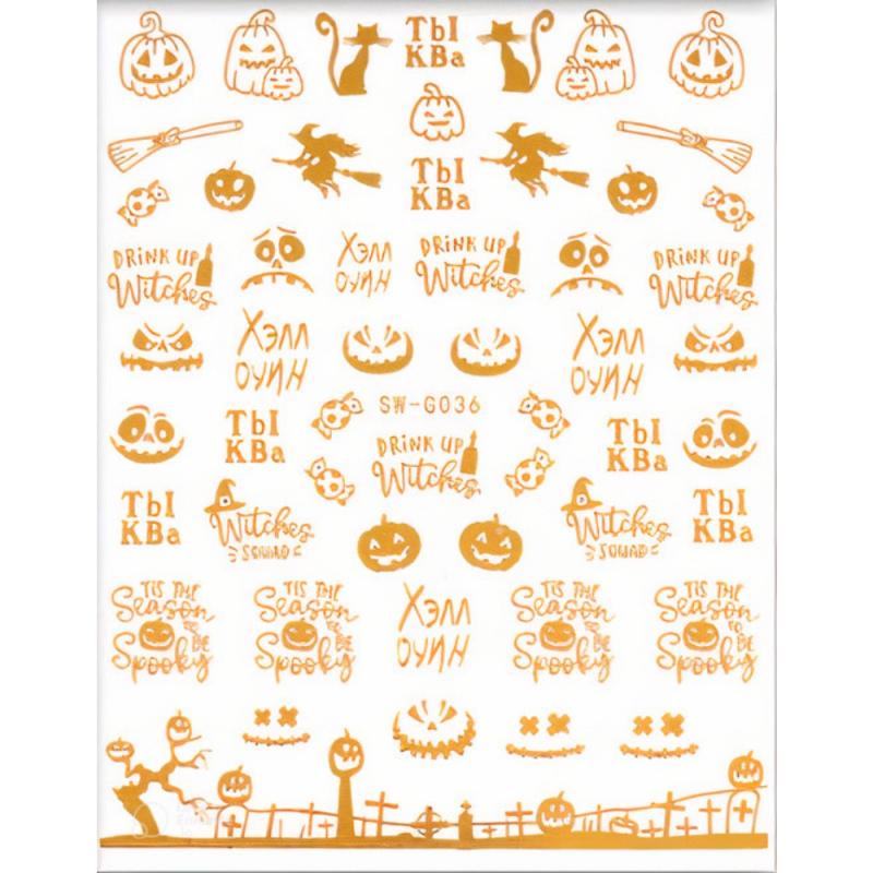 Halloween Nail Art Stickers Golden Skull Pumpkin Bat Spider Decals