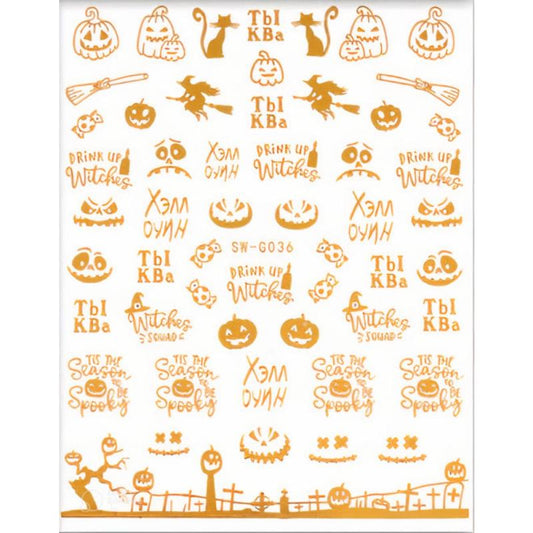 Halloween Nail Art Stickers Golden Skull Pumpkin Bat Spider Decals