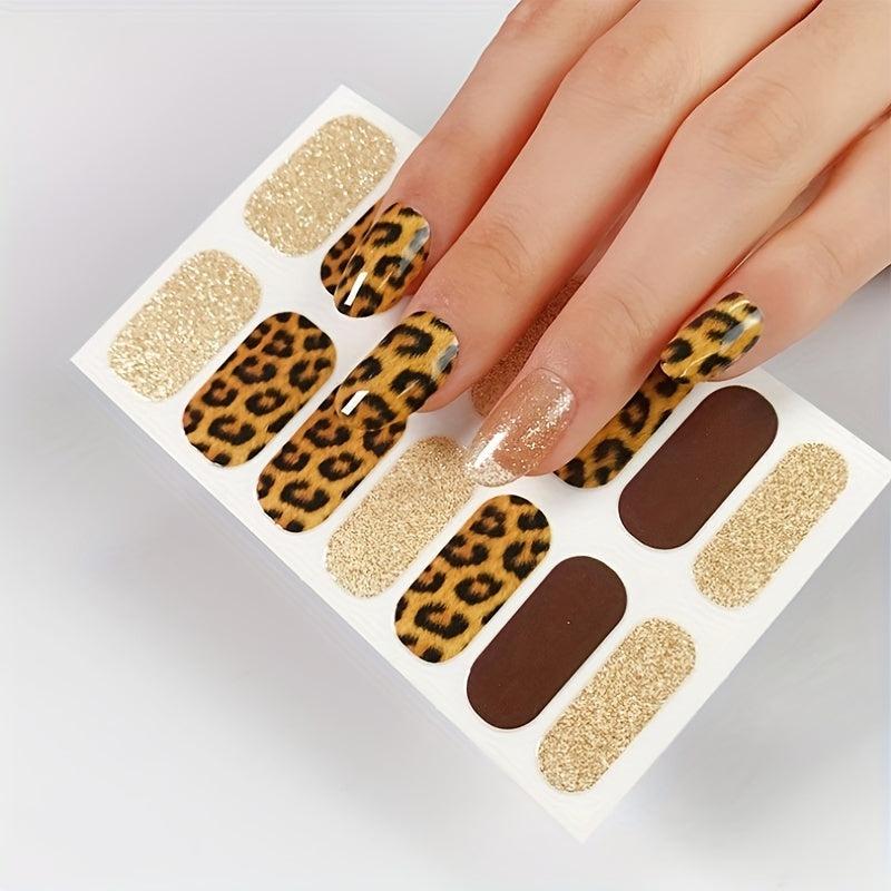 14pcs Leopard Printed Glitter Nail Polish Stickers Self Adhesive Manicure Kits
