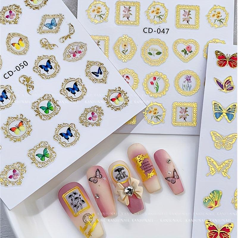 Bronzing 3D Flower Butterfly Frame Nail Sticker 30 Sheets