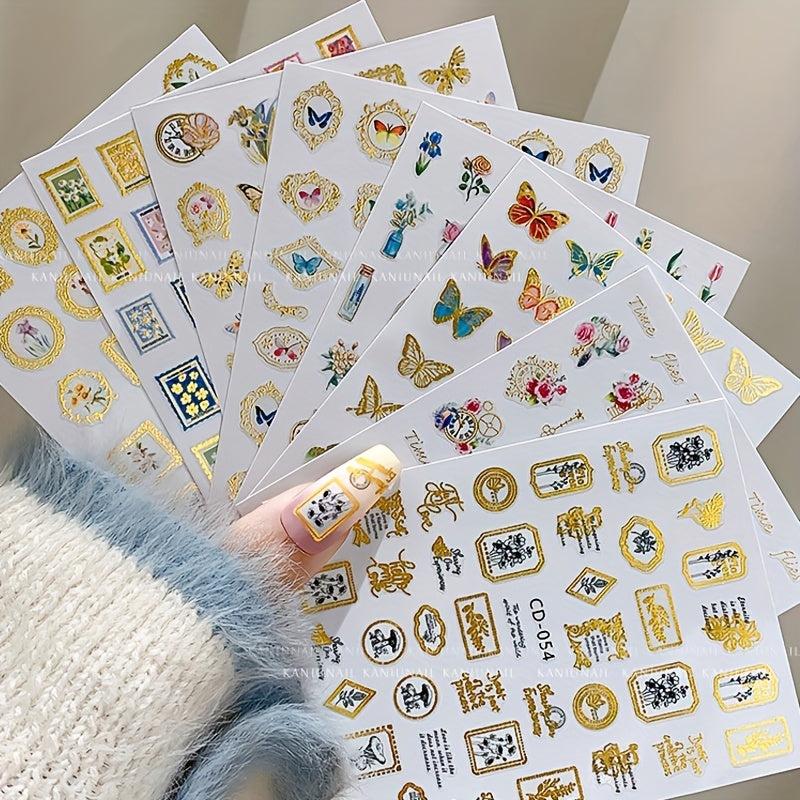Bronzing 3D Flower Butterfly Frame Nail Sticker 30 Sheets