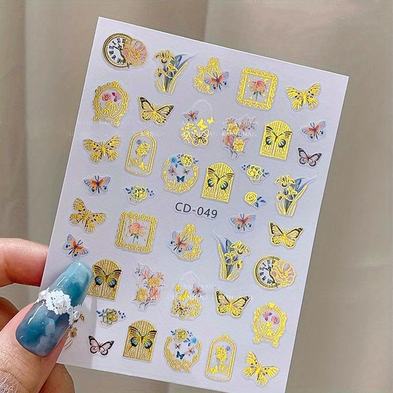 Bronzing 3D Flower Butterfly Frame Nail Sticker 30 Sheets