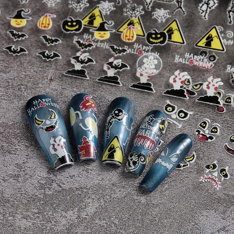 9pcs Luminous Halloween Nail Stickers - Pumpkin Spider Skull Ghost Decals