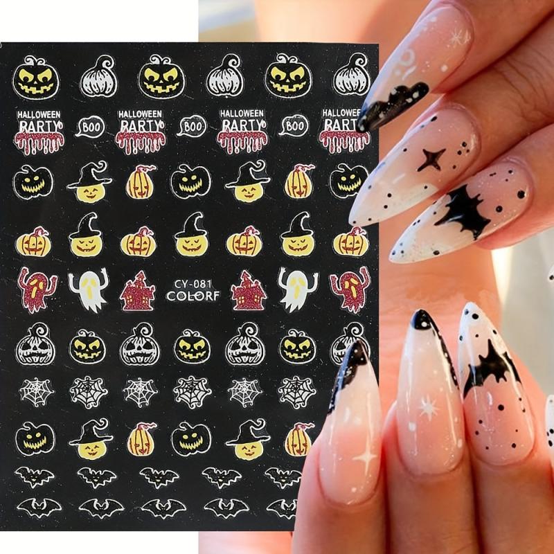9pcs Luminous Halloween Nail Stickers - Pumpkin Spider Skull Ghost Decals