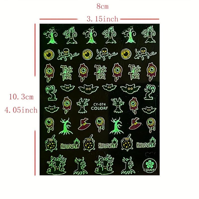 9pcs Luminous Halloween Nail Stickers - Pumpkin Spider Skull Ghost Decals