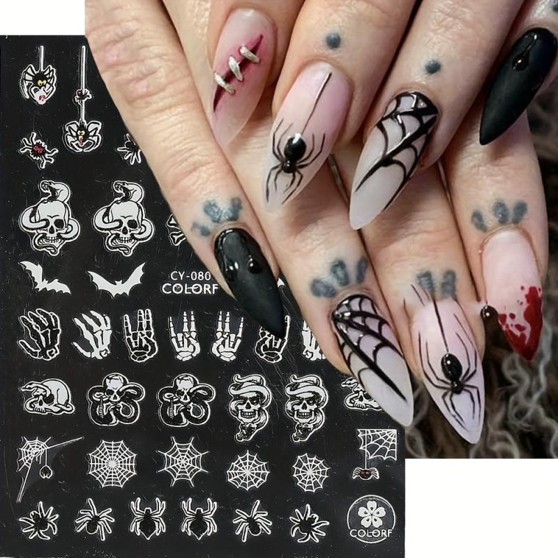 9pcs Luminous Halloween Nail Stickers - Pumpkin Spider Skull Ghost Decals