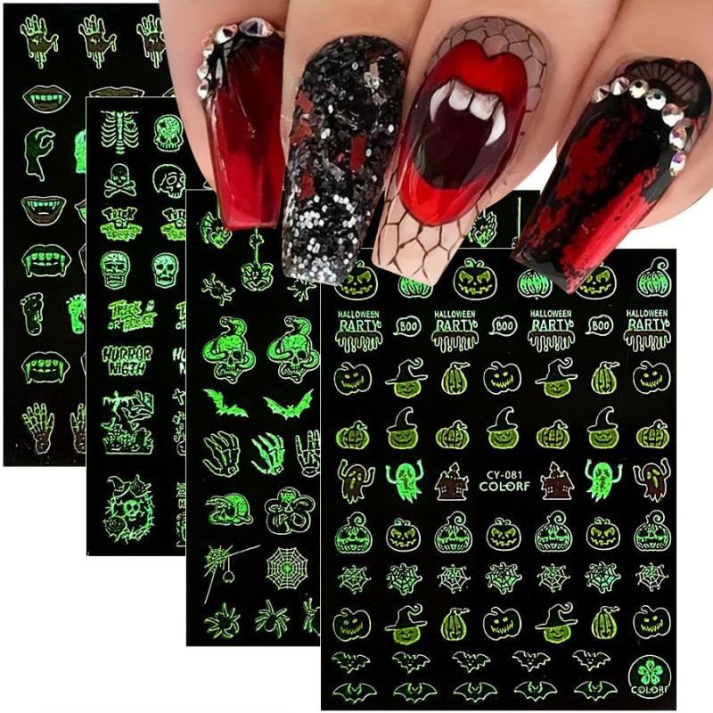 9pcs Luminous Halloween Nail Stickers - Pumpkin Spider Skull Ghost Decals