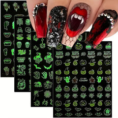 9pcs Luminous Halloween Nail Stickers - Pumpkin Spider Skull Ghost Decals