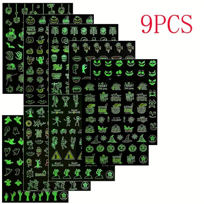 9pcs Luminous Halloween Nail Stickers - Pumpkin Spider Skull Ghost Decals
