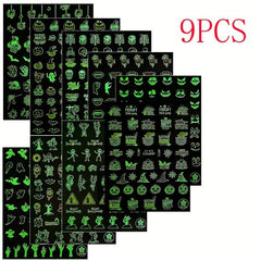 9pcs Luminous Halloween Nail Stickers - Pumpkin Spider Skull Ghost Decals