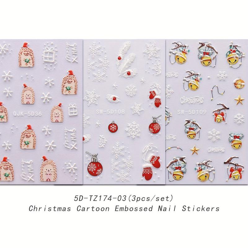 5D Embossed Christmas Nail Art Stickers Snowflake Bell Nail Decals