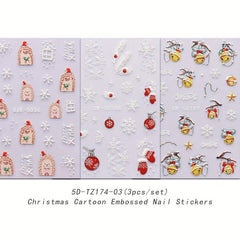 5D Embossed Christmas Nail Art Stickers Snowflake Bell Nail Decals