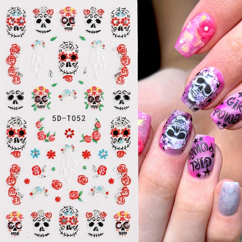 2 Halloween 5D Embossed Nail Art Stickers Skull and Butterfly Decals
