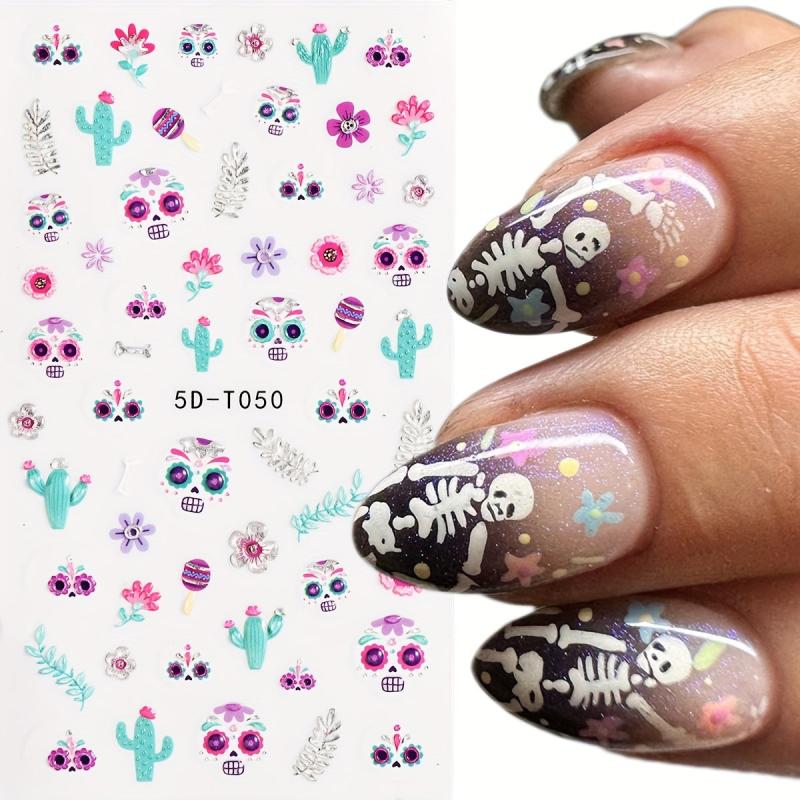 2 Halloween 5D Embossed Nail Art Stickers Skull and Butterfly Decals