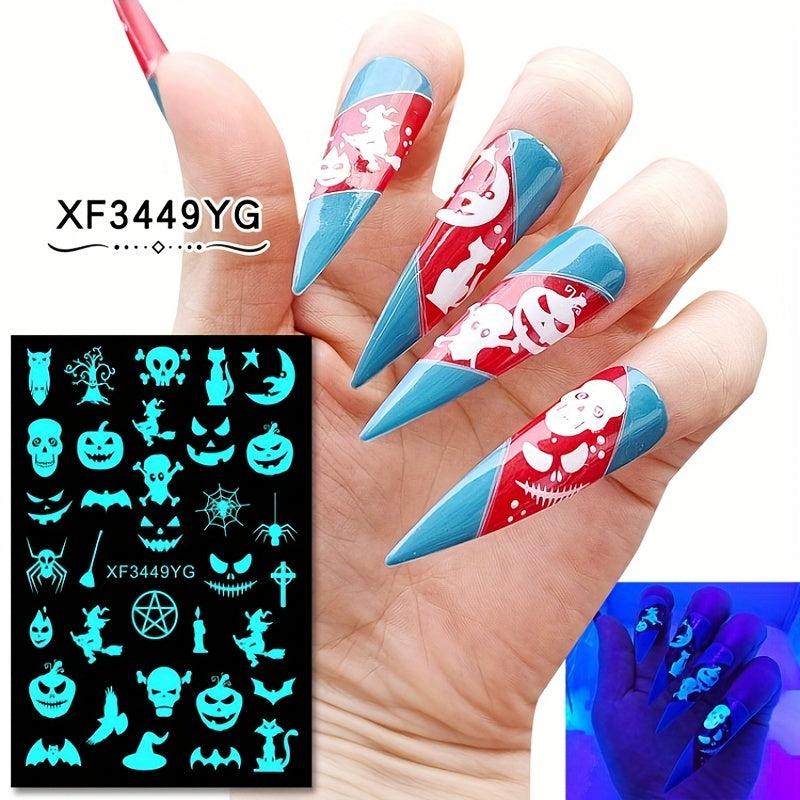 12pcs Luminous Halloween Nail Art Stickers Skull Pumpkin Bat Nail Art Decals