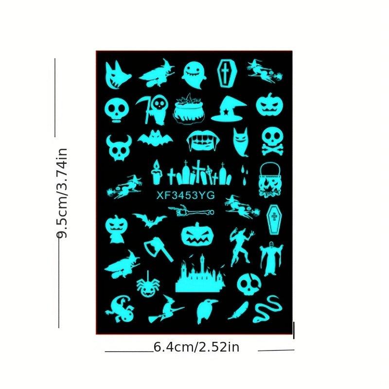 12pcs Luminous Halloween Nail Art Stickers Skull Pumpkin Bat Nail Art Decals